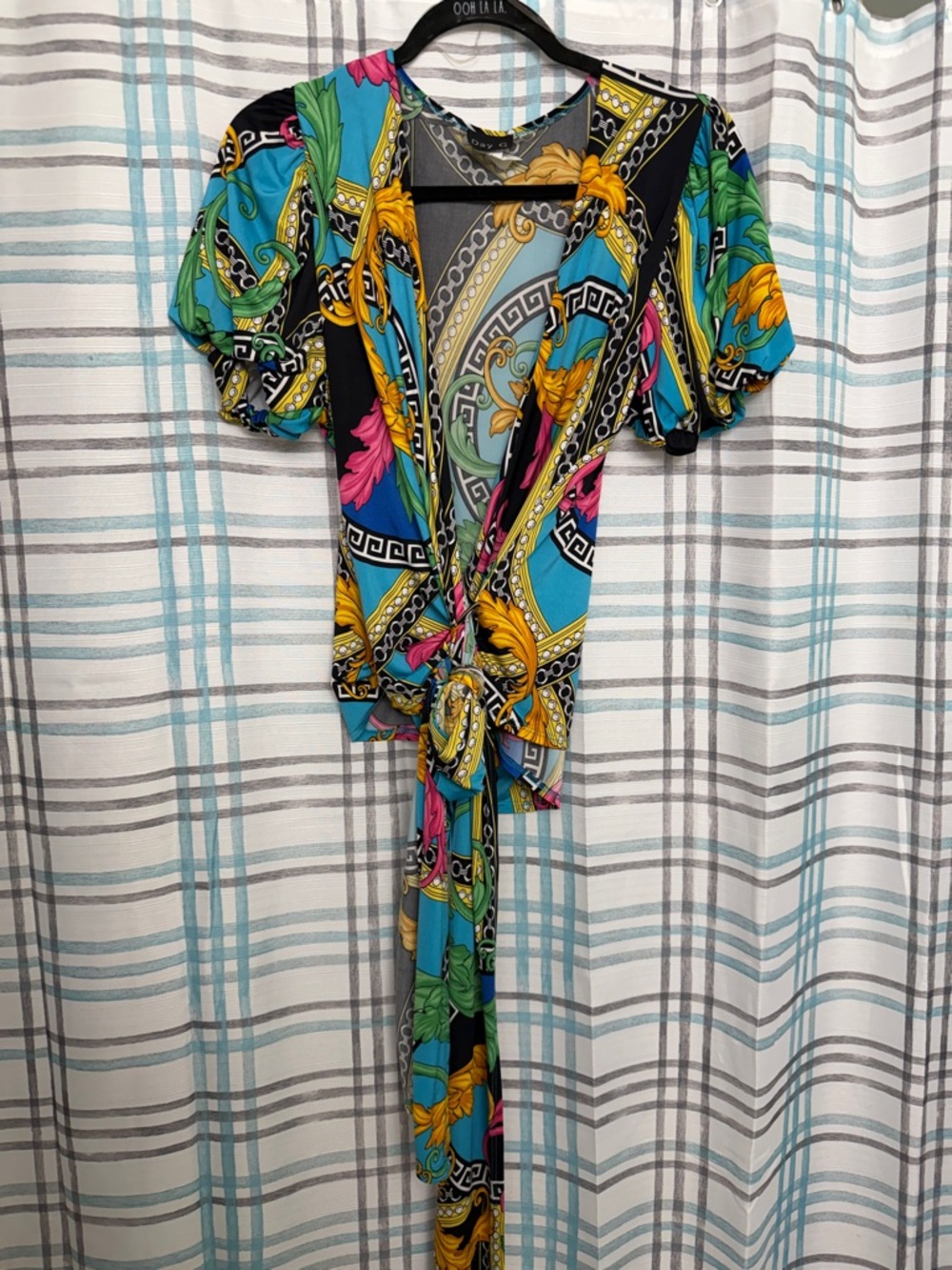 Turquoise Multi-Color Printed Tie-Front Wrap Blouse